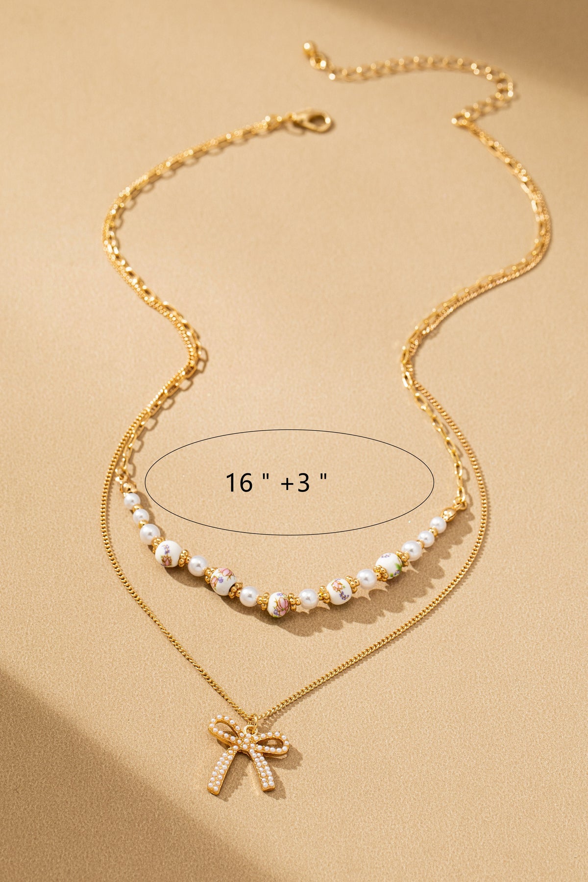 Rosy Ceramic Pearl & Bow Layered Necklace