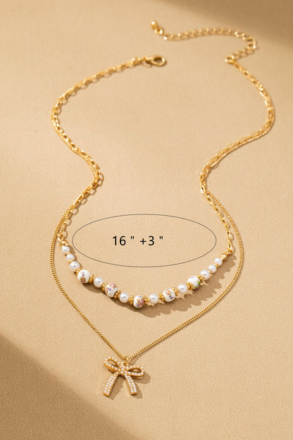 Rosy Ceramic Pearl & Bow Layered Layer Necklace