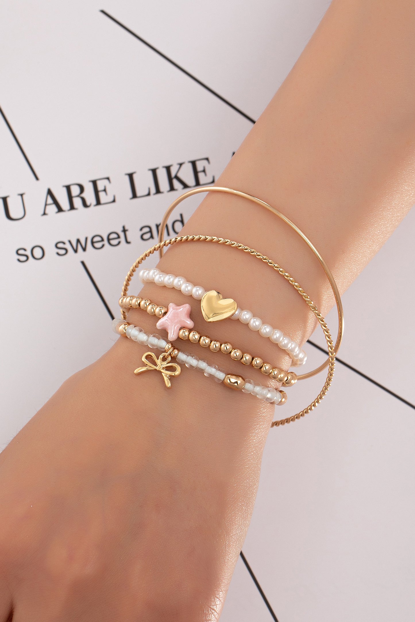 Set Of 5 Ceramic Fish Heart And Bow Bracelets
