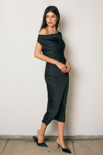 Laura Black Asymmetrical Satin Midi Dress with Gold Detail