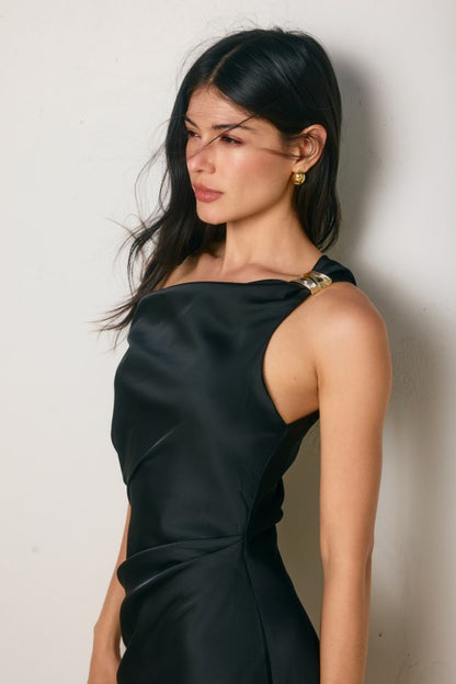 Laura Black Asymmetrical Satin Midi Dress with Gold Detail