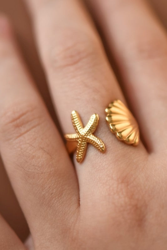 Golden Seashell & Starfish Adjustable Open Ring