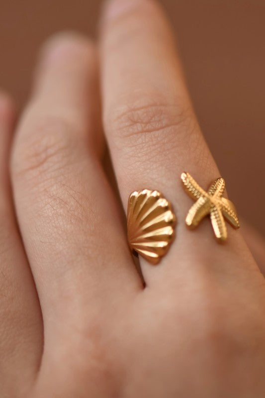 Golden Seashell & Starfish Adjustable Open Ring