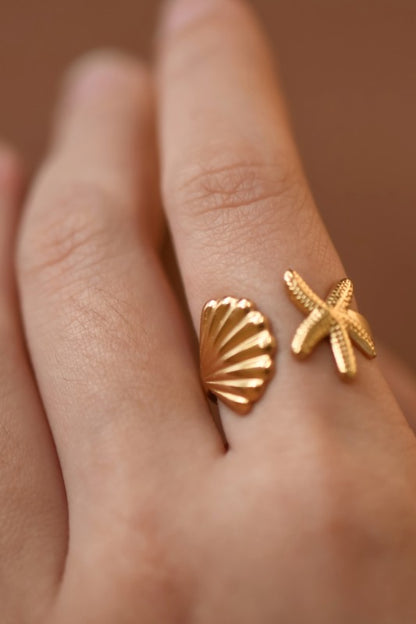 Golden Seashell & Starfish Adjustable Open Ring