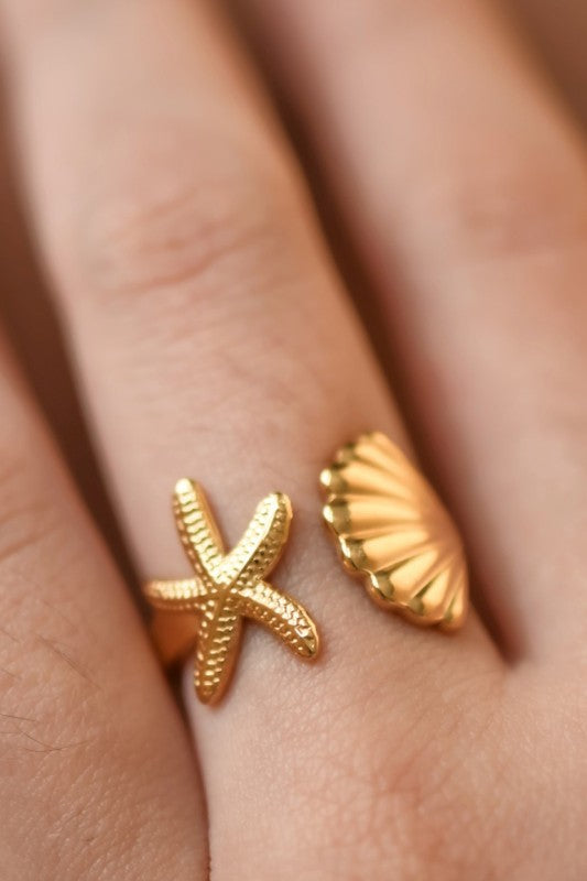 Golden Seashell & Starfish Adjustable Open Ring
