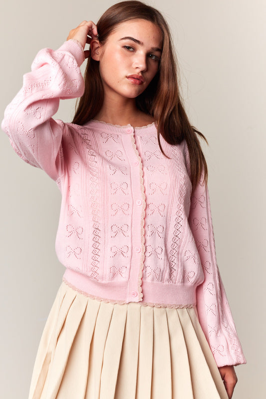 Blush Bow Pointelle Knit Cardigan with Lurex Trim