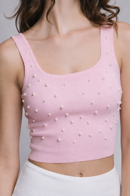 Pearl Detail Ribbed Crop Tank Top