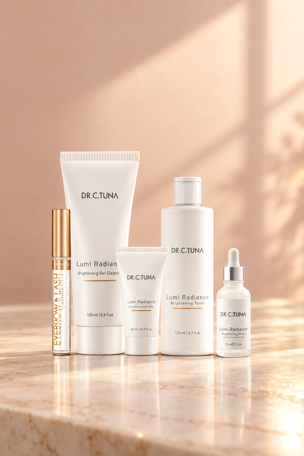 Farmasi Dr. C. Tuna Lumi Radiance System, five products including cleanser, toner, eye balm, serum and eyebrow and lash serum.