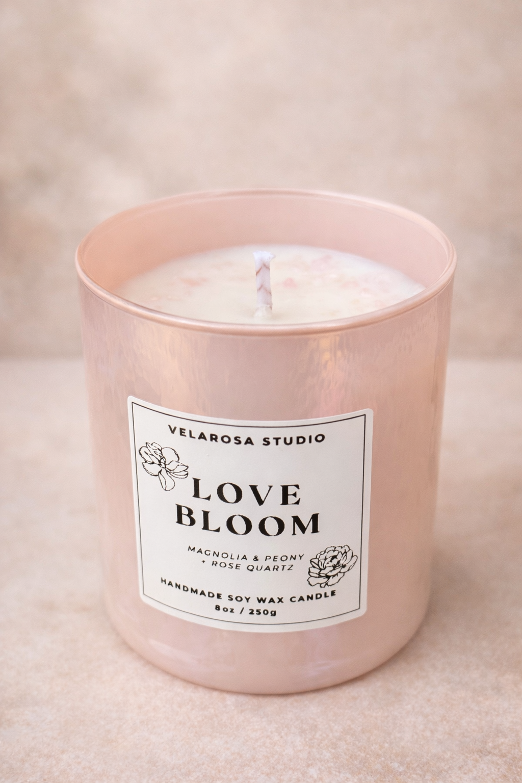 Love Bloom Soy Candle - Magnolia & Peony · Rose Quartz