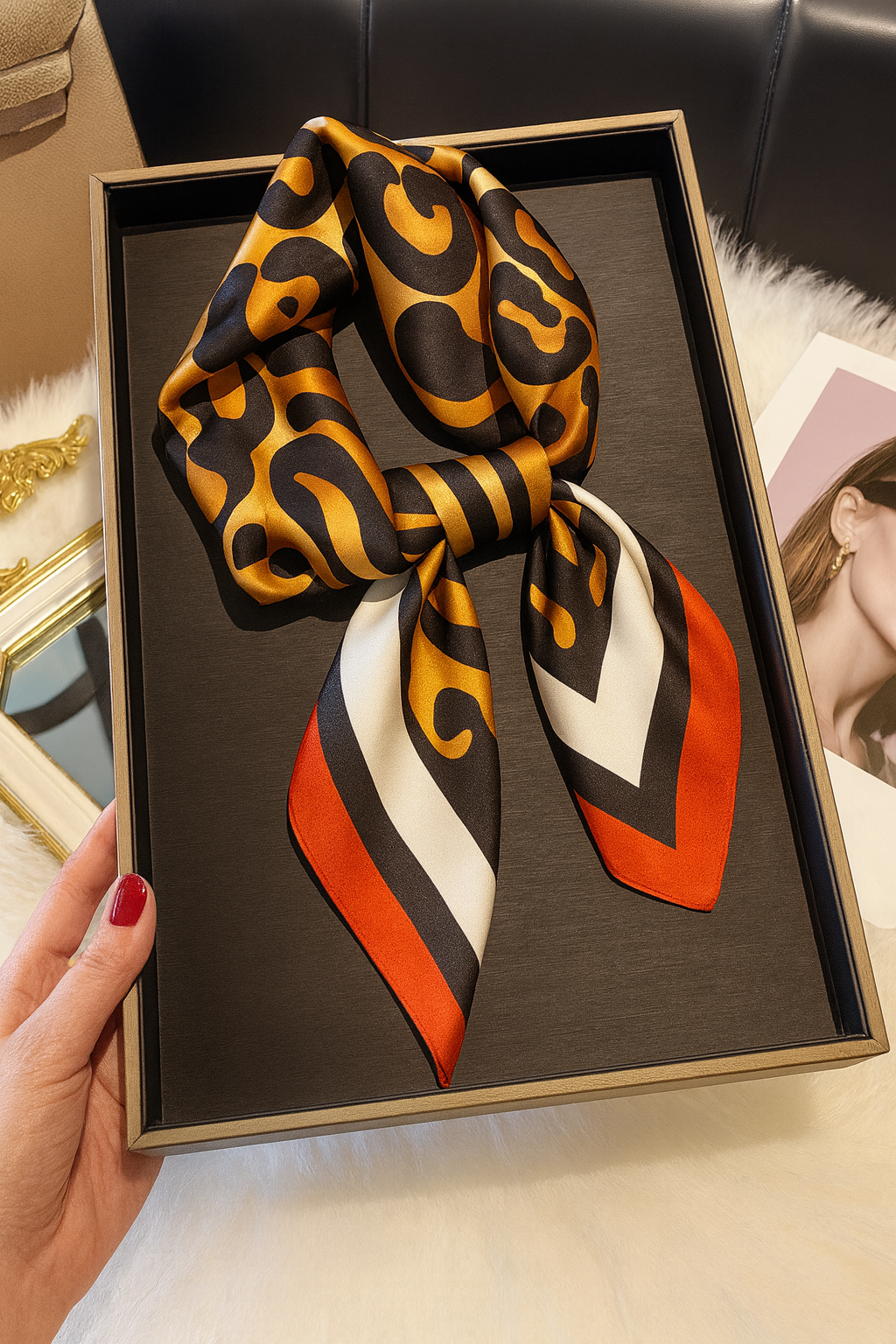 Amber Leopard Satin-Finish Square Scarf