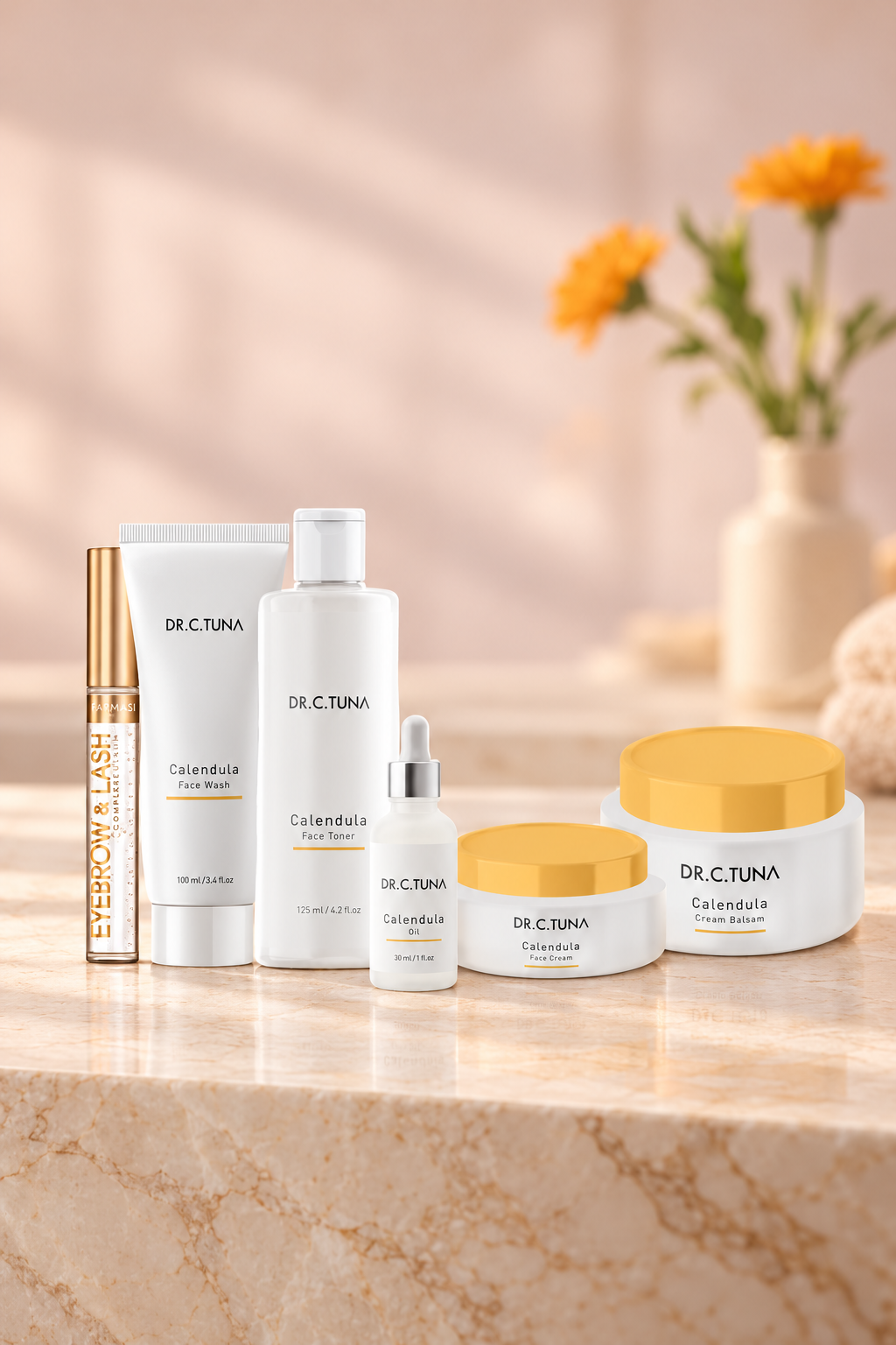 Farmasi Dr. C. Tuna Calendula System, six skincare products with yellow caps on a warm cream vanity.