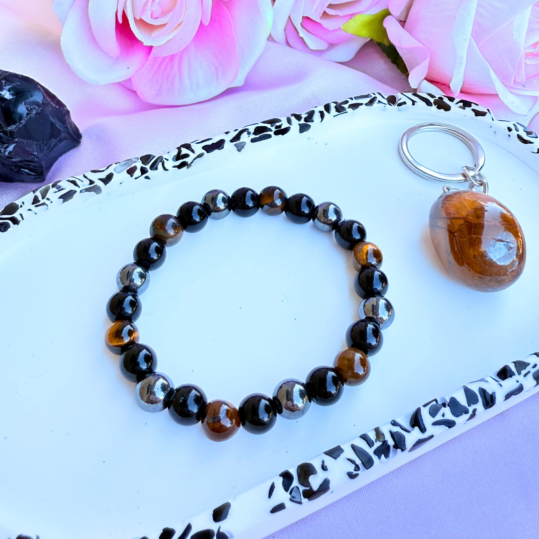 Triple Protection Bracelet - Tiger's Eye, Black Obsidian, and Hematite