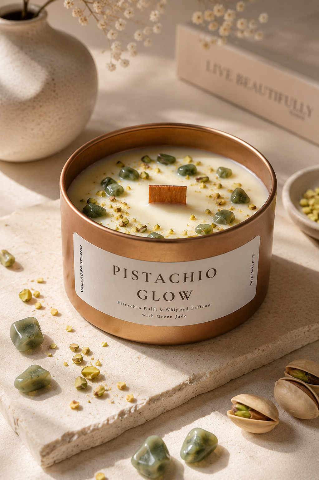 Pistachio Glow – Pistachio Kulfi Wooden Wick Candle