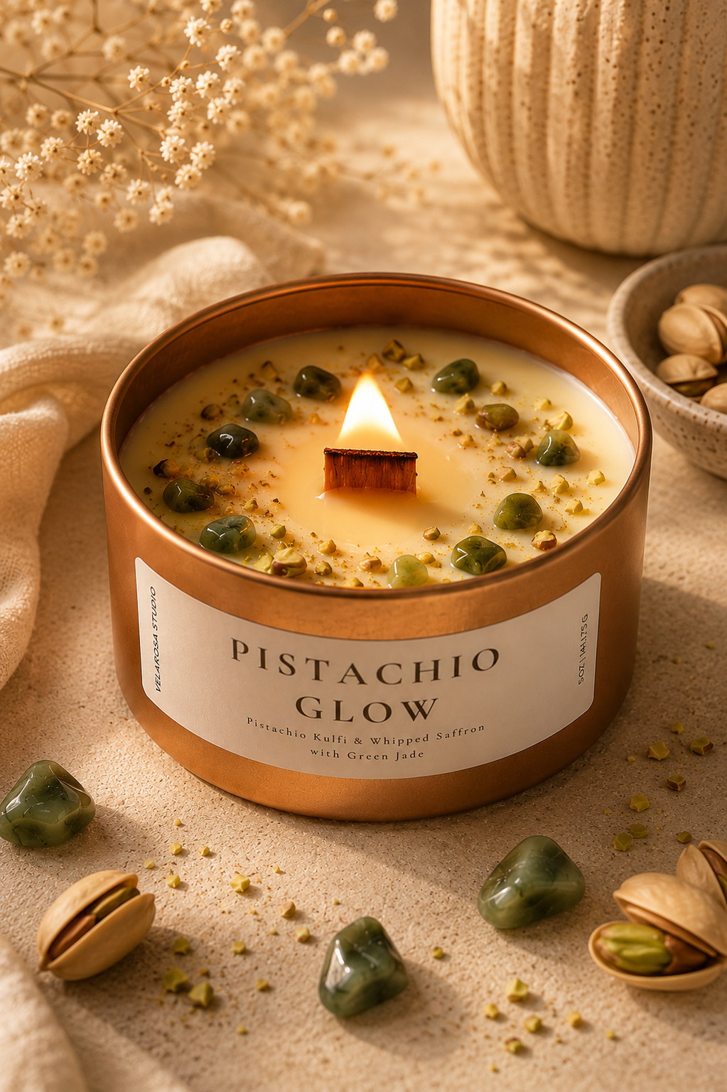Pistachio Glow – Pistachio Kulfi Wooden Wick Candle