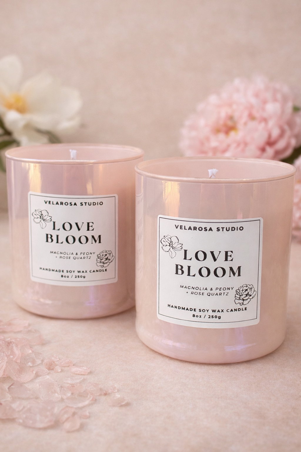Love Bloom Soy Candle - Magnolia & Peony · Rose Quartz