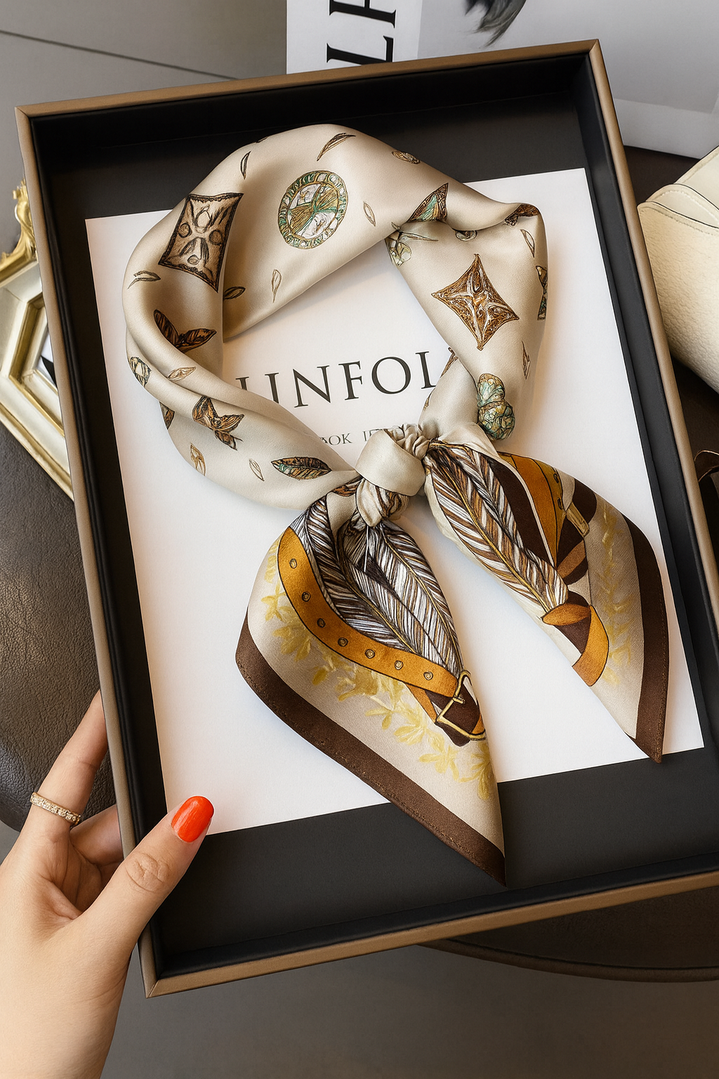 Silk Beige Scarf with Feather & Chain Print – Luxury Square Bandana