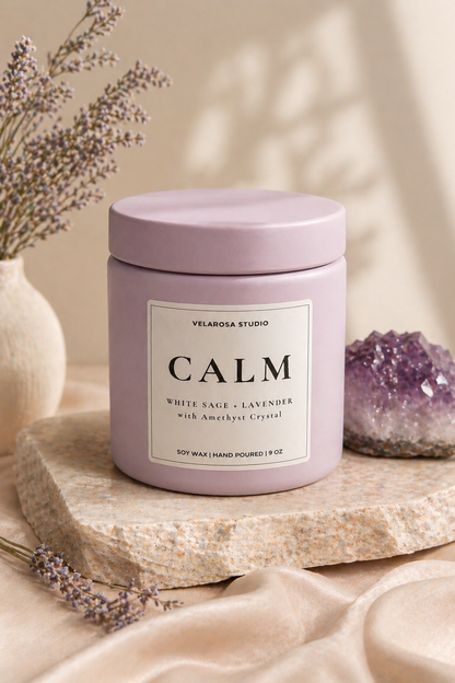 Calm Ritual Candle – White Sage & Lavender Soy Candle with Amethyst Crystal