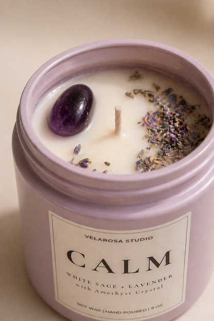 Calm Ritual Candle – White Sage & Lavender Soy Candle with Amethyst Crystal