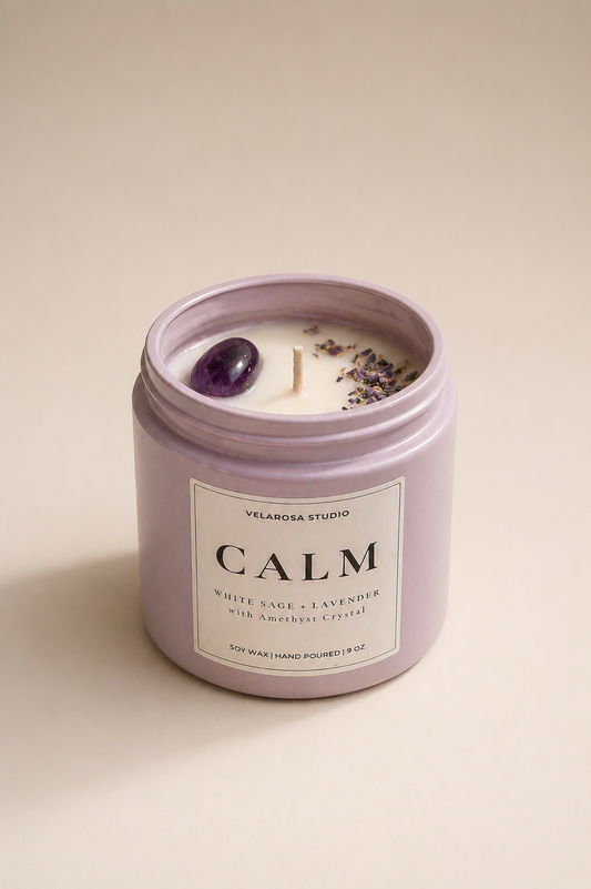 Calm Ritual Candle – White Sage & Lavender Soy Candle with Amethyst Crystal