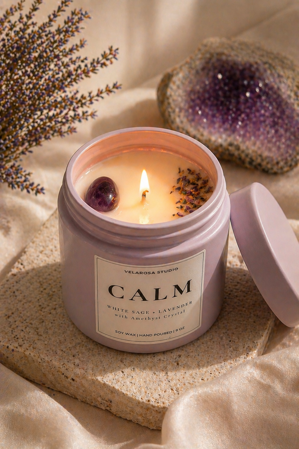 Calm Ritual Candle – White Sage & Lavender Soy Candle with Amethyst Crystal
