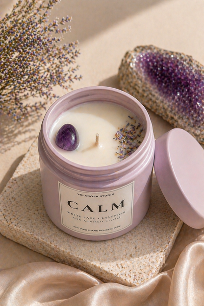 Calm Ritual Candle – White Sage & Lavender Soy Candle with Amethyst Crystal