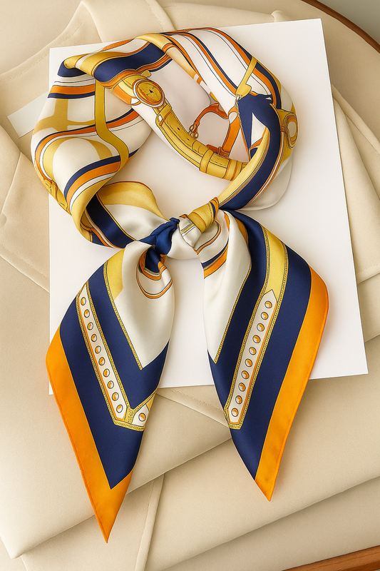 Silk Equestrian Scarf Bandana – Square Headscarf with Orange & Navy Border