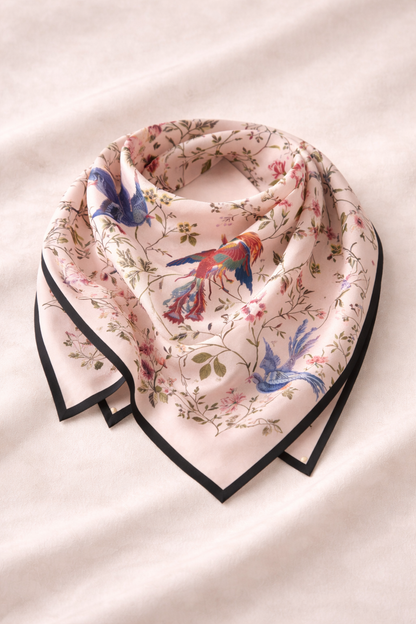 Bird & Floral 100% Silk Luxury Scarf for Women – Elegant Hair & Neck Accessory