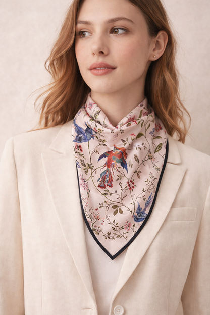 Bird & Floral 100% Silk Luxury Scarf for Women – Elegant Hair & Neck Accessory