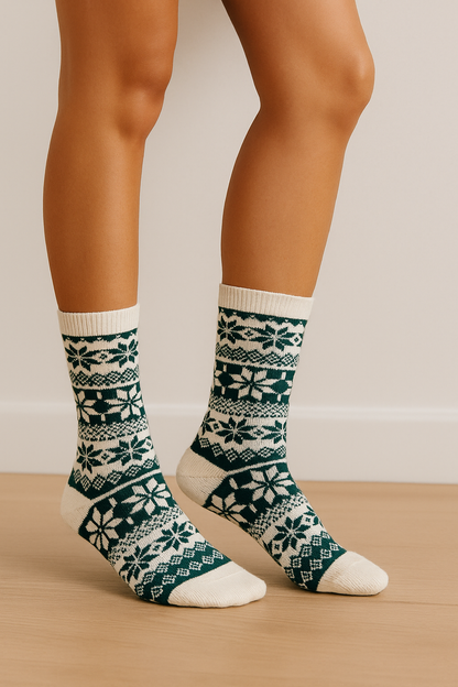 Nordic Winter Knit Socks – Green & Ivory