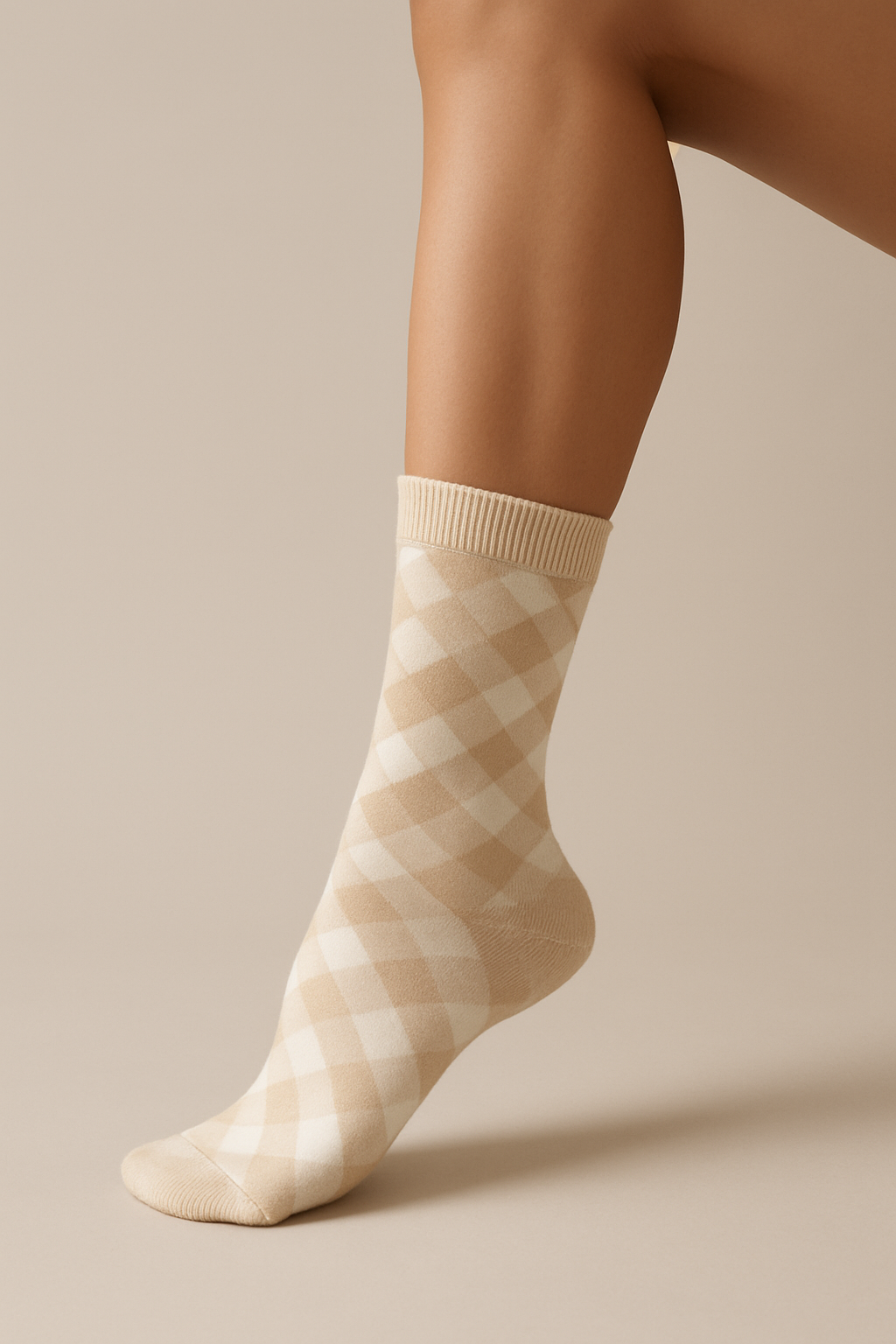 Soft Beige Checkered Cozy Socks