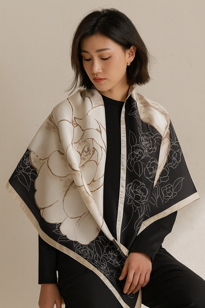 Silk Black & White Floral Scarf Bandana