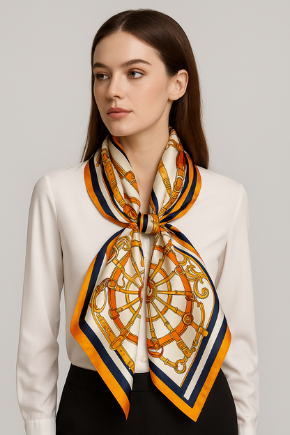Silk Equestrian Scarf Bandana – Square Headscarf with Orange & Navy Border