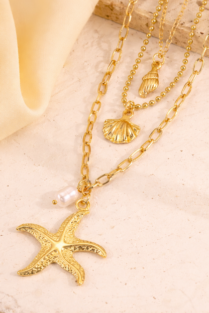 Gold Layered Starfish & Shell Stainless Steel Necklace