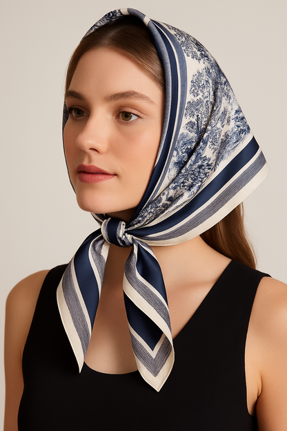 CD Silk Navy Toile Scarf Bandana – Square Headscarf for Women