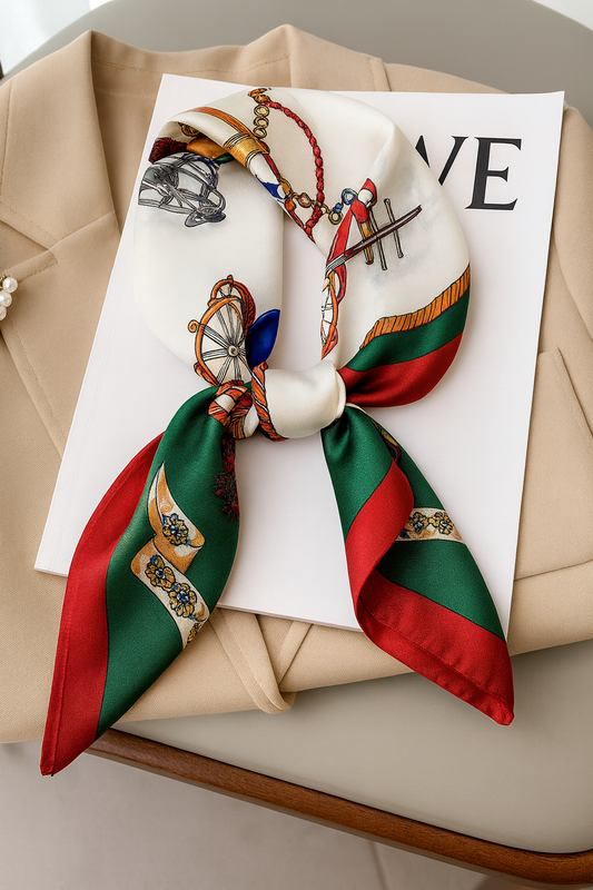 Equestrian Elegance Silk Scarf – Red & Green Vintage Print
