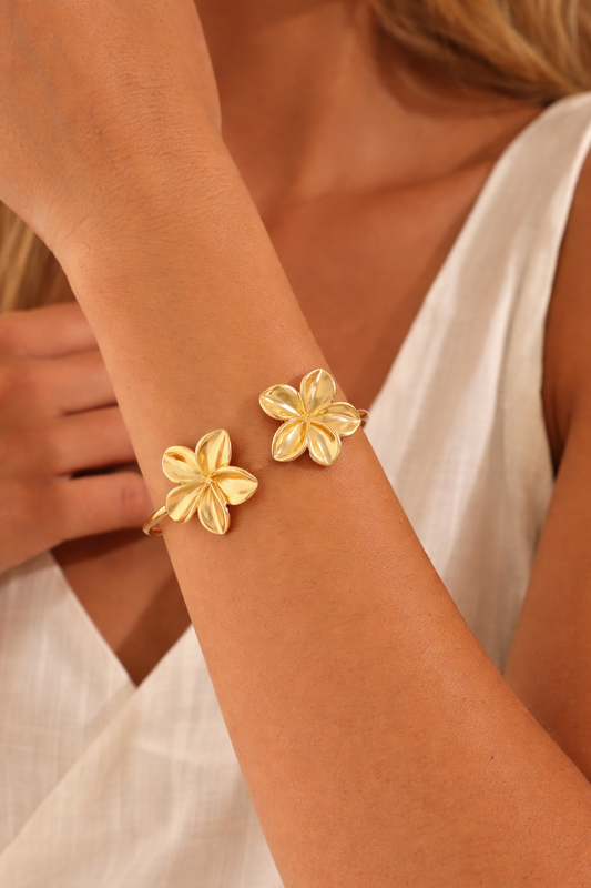 Golden Tropic Plumeria Open Cuff Bracelet