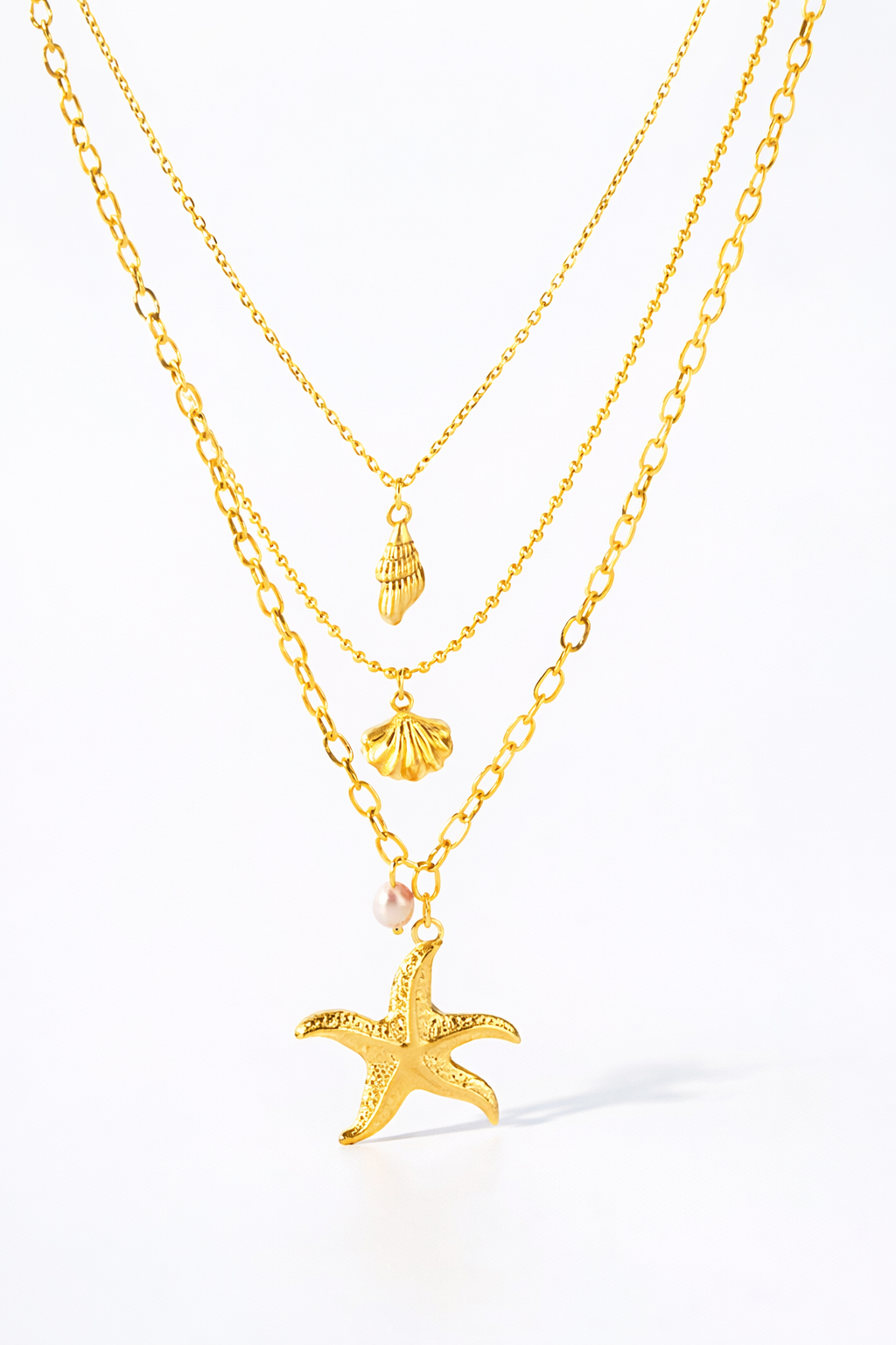 Gold Layered Starfish & Shell Stainless Steel Necklace