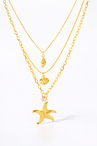 Gold Layered Starfish & Shell Stainless Steel Necklace