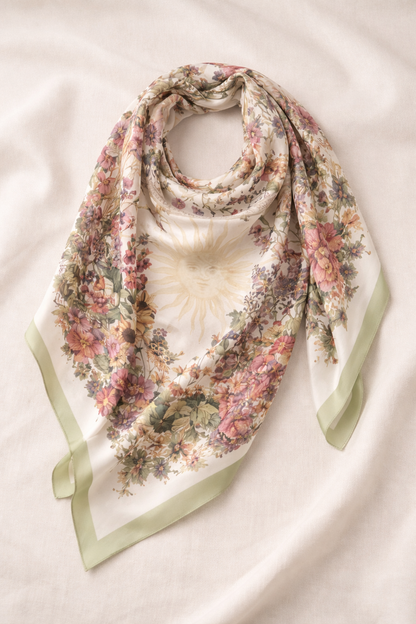 Soleil 100% Silk Luxury Scarf – Floral Sun Botanical Square