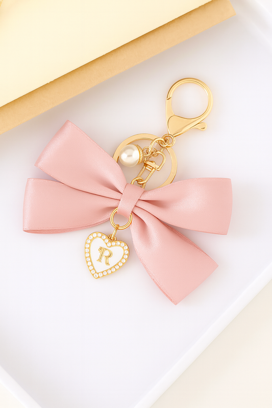 Elegant Satin Bow Heart Charm Keychain