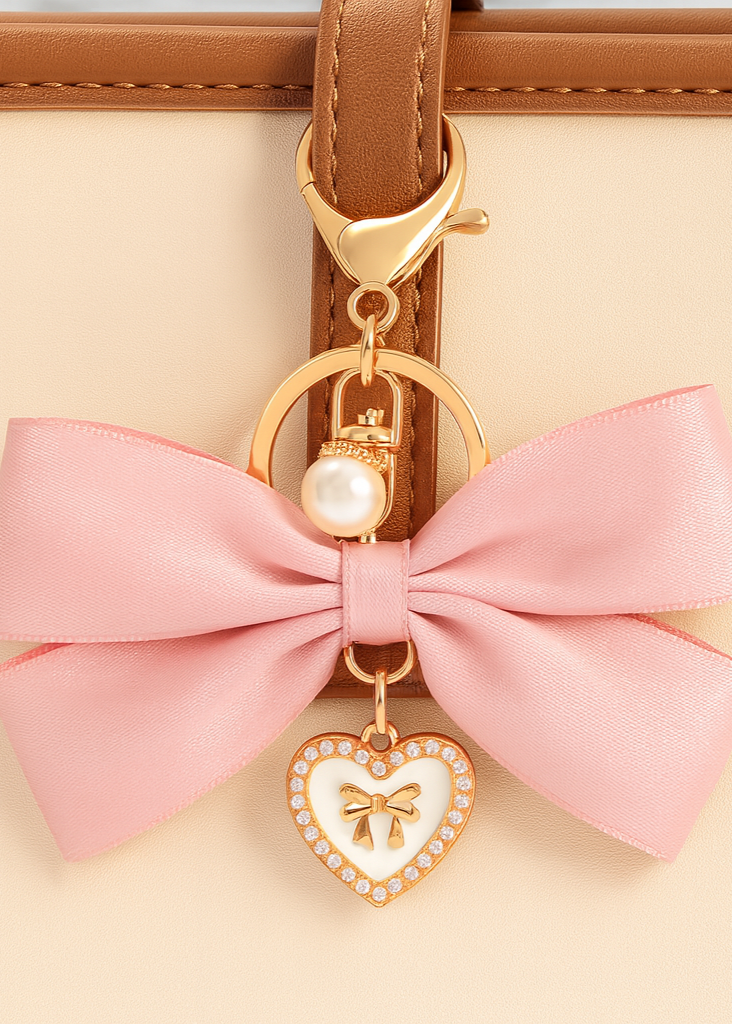 Elegant Satin Bow Heart Charm Keychain