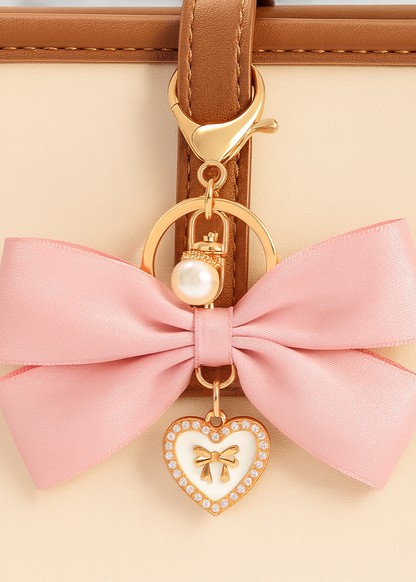 Elegant Satin Bow Heart Charm Keychain
