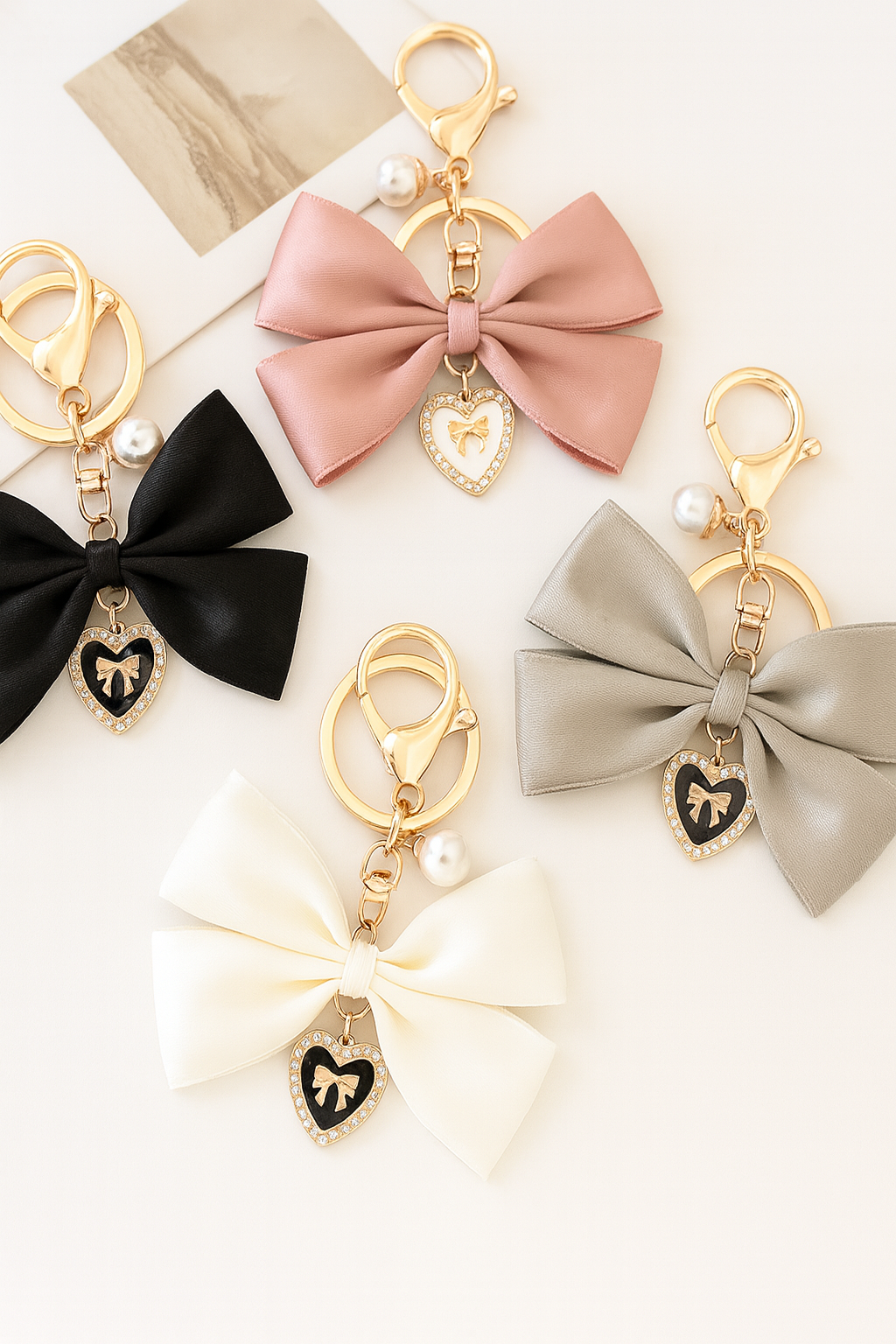 Elegant Satin Bow Heart Charm Keychain