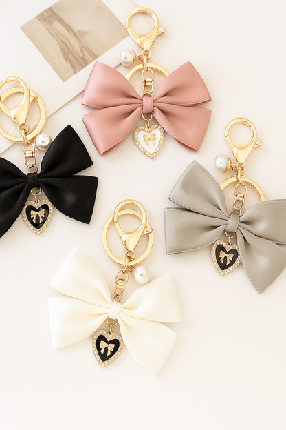 Elegant Satin Bow Heart Charm Keychain