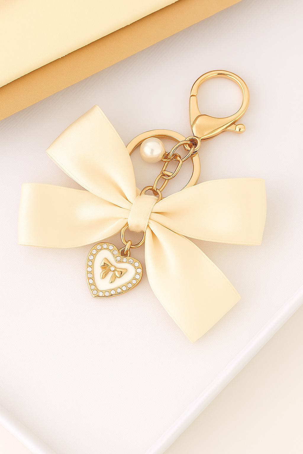 Elegant Satin Bow Heart Charm Keychain