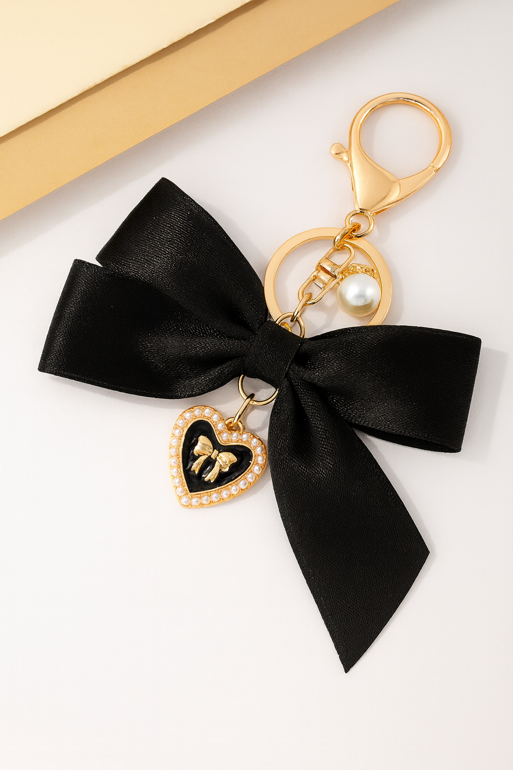 Elegant Satin Bow Heart Charm Keychain