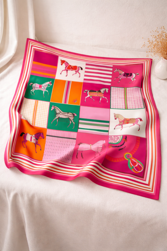 100% Silk Equestrian Print Luxury Scarf for Women – Elegant Hair & Neck Accessory