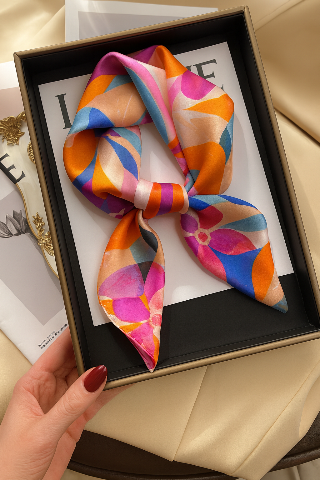 Silk Abstract Floral Scarf – Colorful Satin Bandana