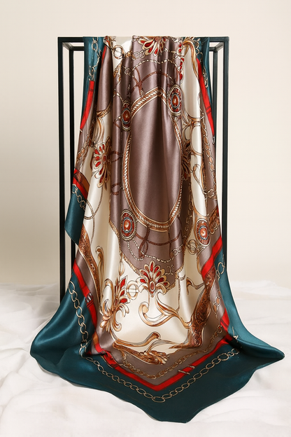 Baroque Elegance Silk Scarf – Taupe & Teal