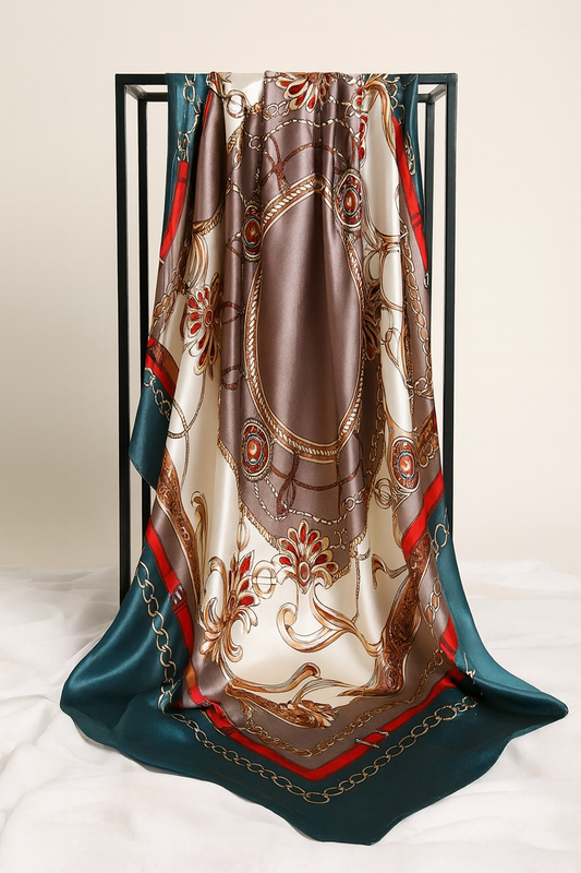 Baroque Elegance Silk Scarf – Taupe & Teal